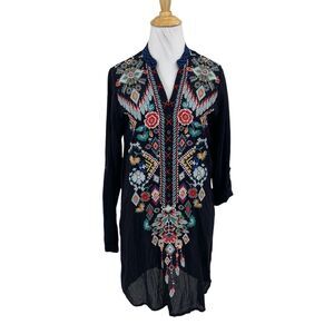 Johnny Was Tunic Womens S Small Multi Elsarose Embroidered Floral Tab Sleeves